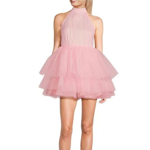 Allison & Kelly Pink Halter Neck Bow Back Tulle Fit & Flare Mini Dress - Picture 1 of 15